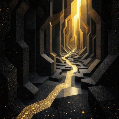 The primary subject of the image is a long, narrow passageway with a yellow light at the end. The passageway is surrounded by a series of large, black, geometric shapes, giving the scene a futuristic and intriguing appearance. The visual style of the image is a combination of digital art and illustration, creating a unique and captivating atmosphere. The colors and mood of the image are predominantly dark and mysterious, with the yellow light at the end of the passageway providing a touch of warmth and